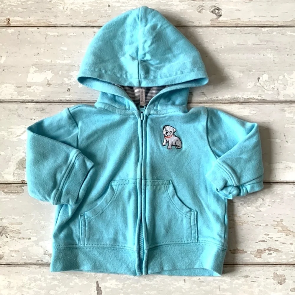 Carters 6m Baby Boy Zip Up Hoodie Sweatshirt Jacket Blue Dog Print